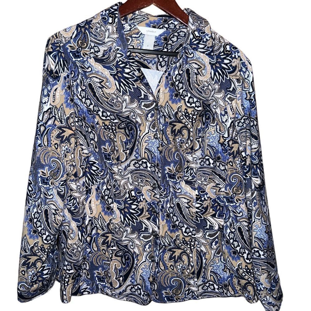 CJ Banks blue and tan paisley print button front jacket size 1X